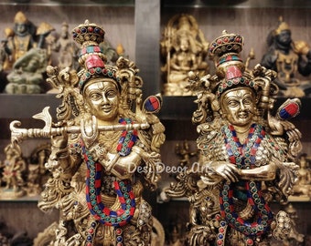 20インチ真鍮製ラーダー・クリシュナ像：ヒンドゥー教の神聖なカップル
