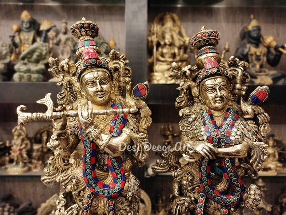 20インチ真鍮製ラーダー・クリシュナ像：ヒンドゥー教の神聖なカップル