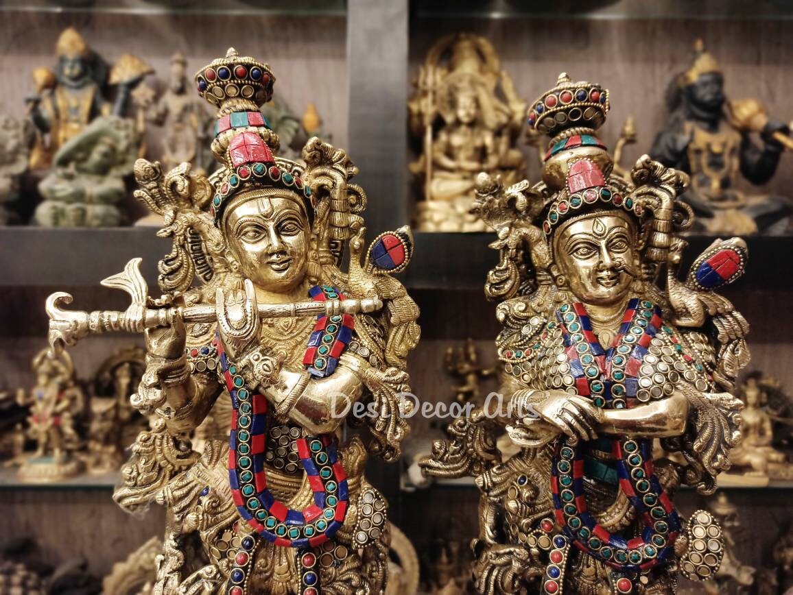 20インチ真鍮製ラーダー・クリシュナ像：ヒンドゥー教の神聖なカップル