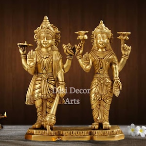 Brass Vishnu Lakshmi Statue: Hindu Gods Idol, 9&quot; Laxmi Narayan