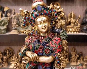 30インチ真鍮製ラーダー・クリシュナ像：ヒンドゥー教の神聖なカップル
