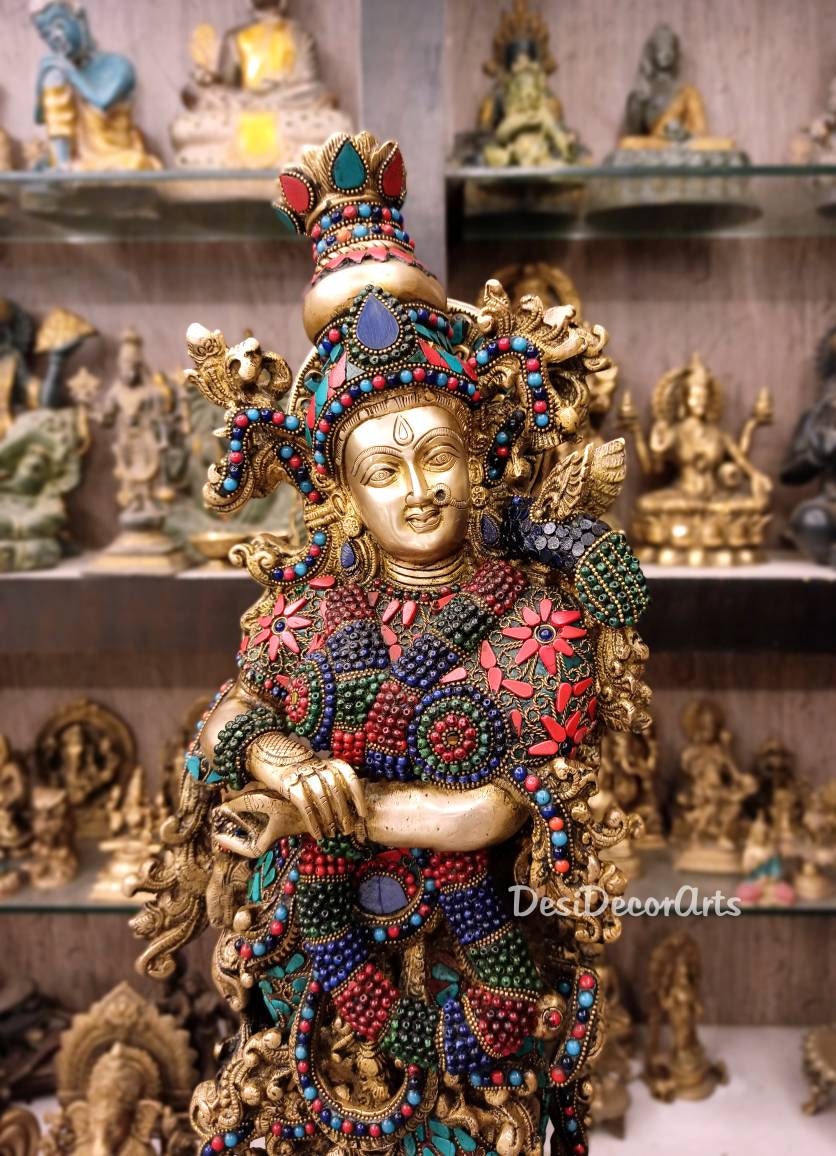 30インチ真鍮製ラーダー・クリシュナ像：ヒンドゥー教の神聖なカップル