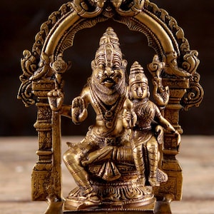 Handmade Brass Lord Narsimha with Laxmi Statue: Hindu God Vishnu Idol