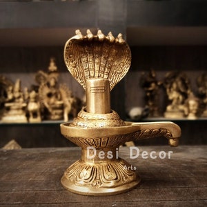 Brass MahaShiva Lingam Statue: Vasuki Snake Sculpture, Temple Decor