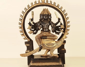 Large 18" Brass Lord Murugan Statue: Double Toned Kartikeya Idol