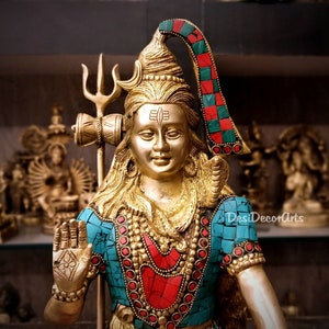 Brass Shiva Statue: Adiyogi Idol with Stone Work (30CM)