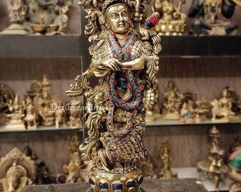 20インチ真鍮製ラーダー・クリシュナ像：ヒンドゥー教の神聖なカップル