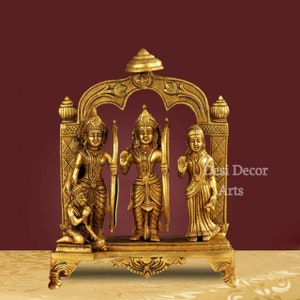 Brass Ram Darbar Statue: Ram, Sita, Lakshman, Hanuman Puja Idols (32cm)