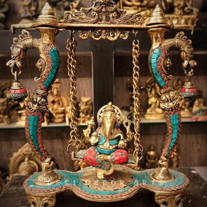 Brass Ganesha Statue on Swing, 40 cm Brass Swinging Ganesh Statue, Swinging Ganesha Idol, Jhula Ganesh, Jhoola Ganpati, New Beginnings Gift