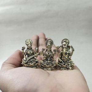 Brass Lakshmi Ganesha Saraswati Statues: Diwali Puja Temple Decor