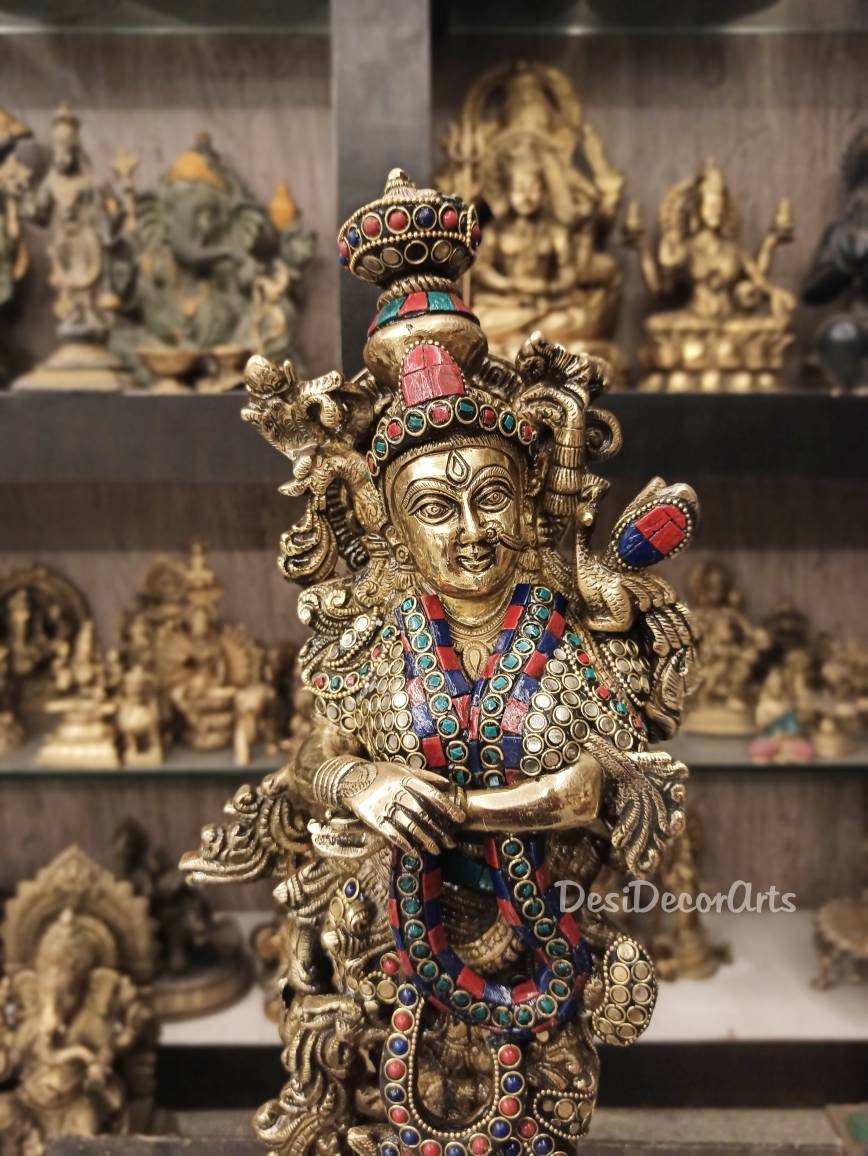 20インチ真鍮製ラーダー・クリシュナ像：ヒンドゥー教の神聖なカップル