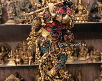 30インチ真鍮製ラーダー・クリシュナ像：ヒンドゥー教の神聖なカップル