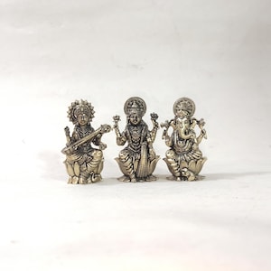 Brass Lakshmi Ganesha Saraswati Statues: Diwali Puja Temple Decor