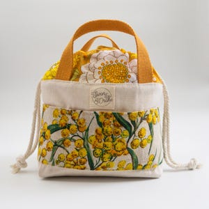 Boho sock knitters project bag. Upcycled vintage linen tote. Retro Australiana wattle print in yellow and green on natural.  Small size