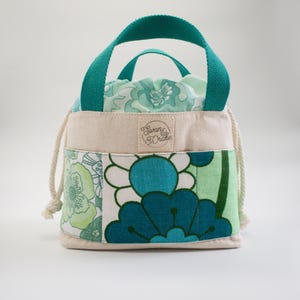 Boho sock knitters project bag. Upcycled vintage fabric crafters tote. Retro flower power print in blue, aqua on natural