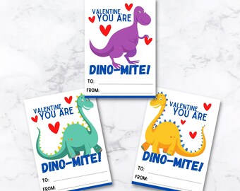 Dinosaur Valentine Cards / Set of Valentine's Cards / Kids Valentine / Classroom Valentines / SET of 3 INSTANT DOWNLOAD