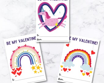Rainbow Unicorn Valentine Cards / Set of Valentine's Cards / Kids Valentine / Classroom Valentines / SET of 3 INSTANT DOWNLOAD