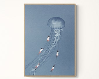 May include: A blue and white illustration of a jellyfish with five people holding onto the tentacles and swinging from it.