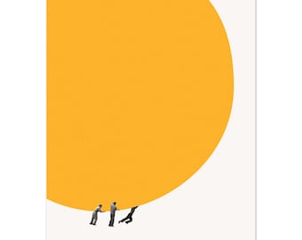 May include: A graphic art print featuring a large, solid yellow circle positioned against a stark white background. Three small, monochromatic figures are depicted at the bottom edge of the circle, appearing to push or support the massive yellow shape.
