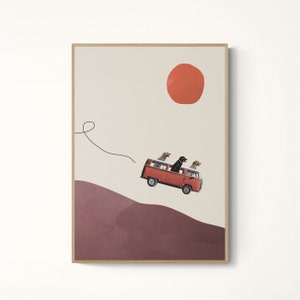 May include: A red vintage van with three dogs sitting in the back. The van is driving on a brown and purple road with a red sun in the sky.