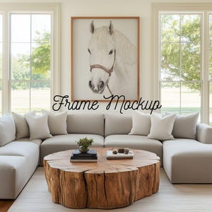 Simple Living Room Blank Frame Mockup for 4:5 Ratio Art, Vertical Art Mockup, High Quality Mockup Template, PSD Smart Object, Wood Frame