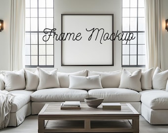 Square Frame Mockup: Neutral Living Room, PSD Smart Object