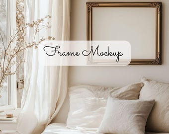 Horizontal Frame Mockup for 11x14 and 16x20 prints, Bedroom Mockup, Art Print Mockup in Gold Frame, Neutral Frame Mockup, Realistic Interior