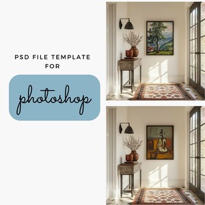 May include: Two framed paintings hanging on a white wall in a hallway. The top painting is a landscape with a green tree and a red house. The bottom painting is a still life with a person sitting on a chair. Both paintings are in a brown wooden frame.