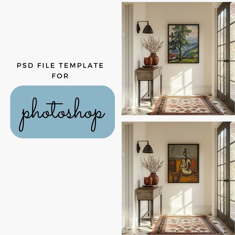 May include: Two framed paintings hanging on a white wall in a hallway. The top painting is a landscape with a green tree and a red house. The bottom painting is a still life with a person sitting on a chair. Both paintings are in a brown wooden frame.