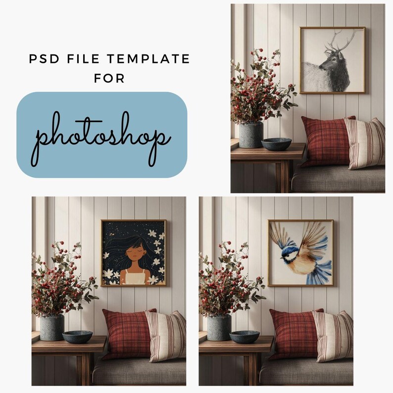 May include: Three mockups of framed artwork in a living room setting. The artwork includes a deer, a girl with flowers in her hair, and a bluebird. Each mockup features a wooden table with a bowl and a vase of red berries.