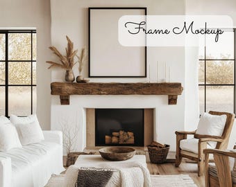 Vertical Poster Mockup over Fireplace, Artwork Mockup, Modern Interior Frame Template, White Living Room Art Mockup, Modern Template,