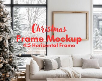 Christmas Blank Frame Mockup in Living Room, Horizontal Art Mockup, PSD Smart Object