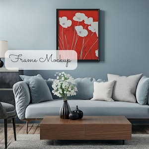 Vertical Poster Mockup in Blue Living Room, Modern Art Mockup, Quality Realistic Frame Mockup, 4x5 Dimensions, Black Frame Mockup