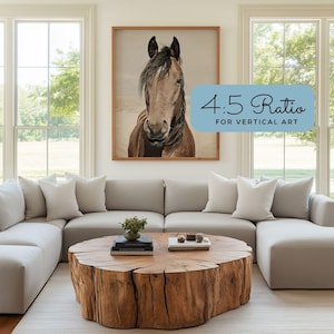 May include: A framed print of a horse's head, with a light brown coat and dark mane, hangs above a gray sectional sofa. The print is in a wooden frame. The text "4:5 Ratio for Vertical Art" is in a blue rectangle.