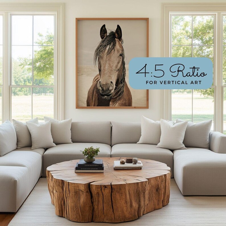 May include: A framed print of a horse's head, with a light brown coat and dark mane, hangs above a gray sectional sofa. The print is in a wooden frame. The text "4:5 Ratio for Vertical Art" is in a blue rectangle.
