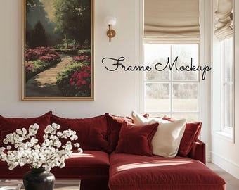 Elegant Living Room Frame Mockup: Vertical Art Print, Red Sofa (PSD)