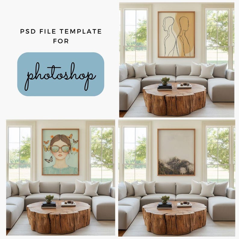 May include: A composite image featuring a light blue rectangle with the word "photoshop" in cursive, and three framed artworks. The artworks are displayed above a gray sectional sofa and a wooden coffee table.