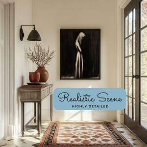 May include: A light wood console table with a brown rug in front of it. A black framed painting of a woman in a white dress hangs on the wall above the table. A black wall sconce with a black shade is mounted on the wall to the left of the painting. The table has a vase with dried branches on it and a brown ceramic bowl.