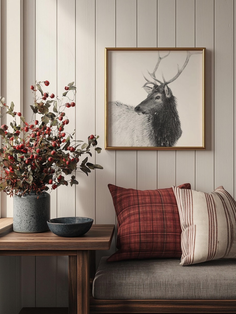May include: A framed black and white print of a deer with antlers, hanging on a white wood paneled wall. A vase with red berries and a bowl are on a wooden table in front of a gray couch with red and white patterned pillows.