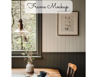 May include: A framed horse portrait hangs on a white paneled wall. A wooden table is set with a vase of flowers, a teacup, and a spoon. The text "Frame Mockup" is overlaid on the image.