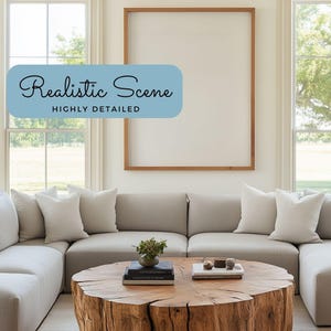 May include: A modern living room with a light gray sectional sofa, white pillows, and a large wooden coffee table. The coffee table is made from a tree trunk. The wall features a large, empty wooden frame. The text on the image says "Realistic Scene" and "Highly Detailed".
