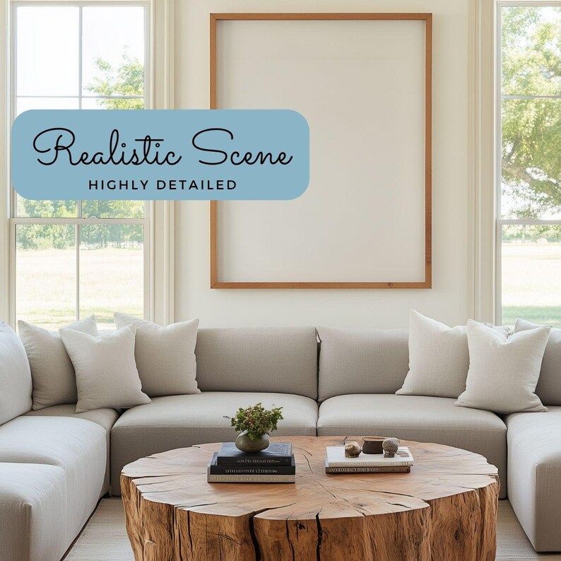 May include: A modern living room with a light gray sectional sofa, white pillows, and a large wooden coffee table. The coffee table is made from a tree trunk. The wall features a large, empty wooden frame. The text on the image says "Realistic Scene" and "Highly Detailed".