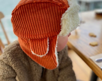 Corduroy Winter Trapper Hat, fully lined with Faux Fur Sherpa Lambswool material - available in various colours
