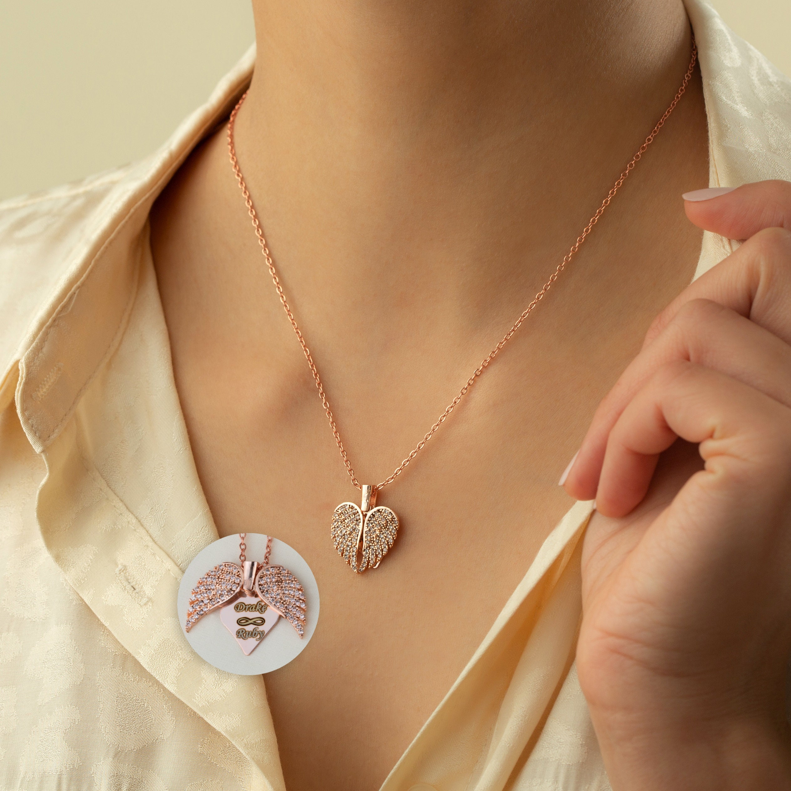 Engrave Angel Wings Necklace, Wings Name Necklace, Guardian Wings Angel Necklace