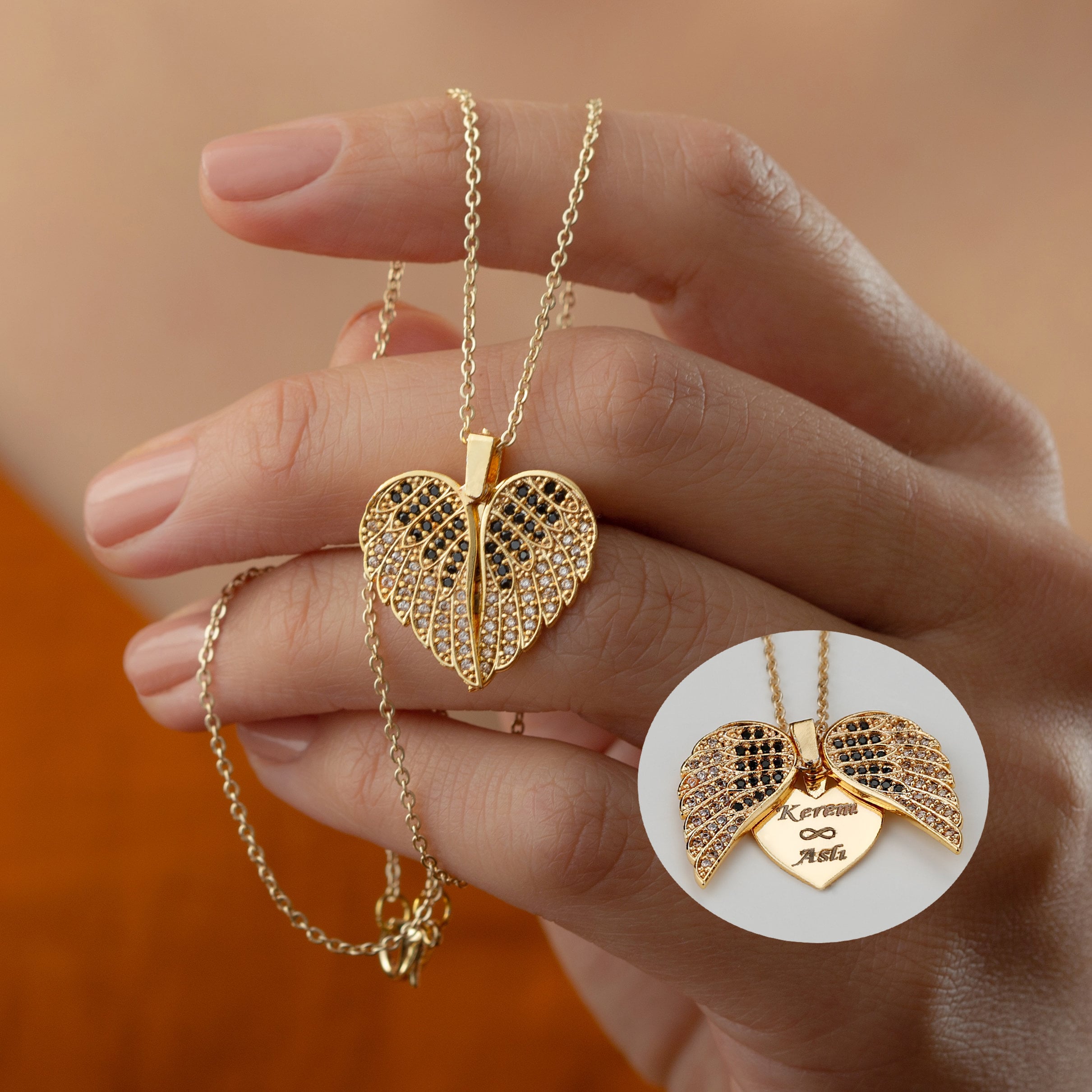Engrave Angel Wings Necklace, Wings Name Necklace, Guardian Wings Angel Necklace