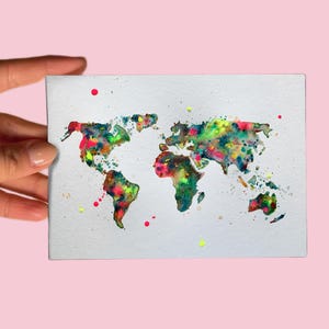 Postkarte No 76 Kunst, Weltkarte, Aquarell auf Papier, Weltreise