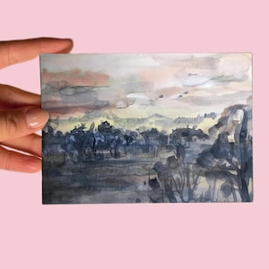 Postkarte No 80 Kunst, Landschaft, Himmel, Atmosphäre, Baum, Wald, Botanisch, botanical, Pflanzen, Blumen, Garten, Aquarell auf Papier