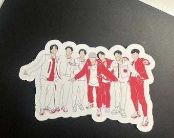 May include: A white and red line drawing of a group of seven men standing together. The men are wearing white shirts and red pants. The men are smiling and looking at the camera.