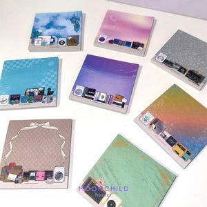 May include: Set of 10 colorful sticky note pads with different designs featuring books, records, and other vintage-inspired illustrations. Each pad has a different background color and design. The pads are perfect for adding a touch of personality to your notes, lists, and reminders.