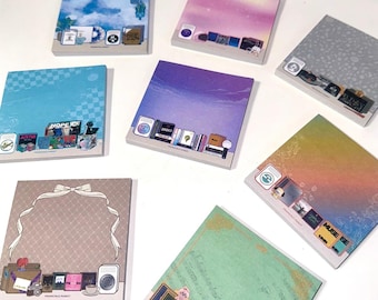 May include: Set of 10 colourful sticky note pads with different designs featuring books, records, and other vintage-inspired illustrations. Each pad has a different background colour and design. The pads are perfect for adding a touch of personality to your notes, lists, and reminders.